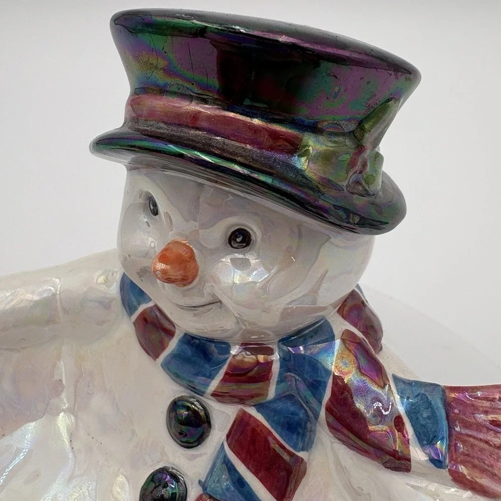 Ceramic Snowman Christmas Festive Candy Bowl Iridescent Glossy‎ Vintage